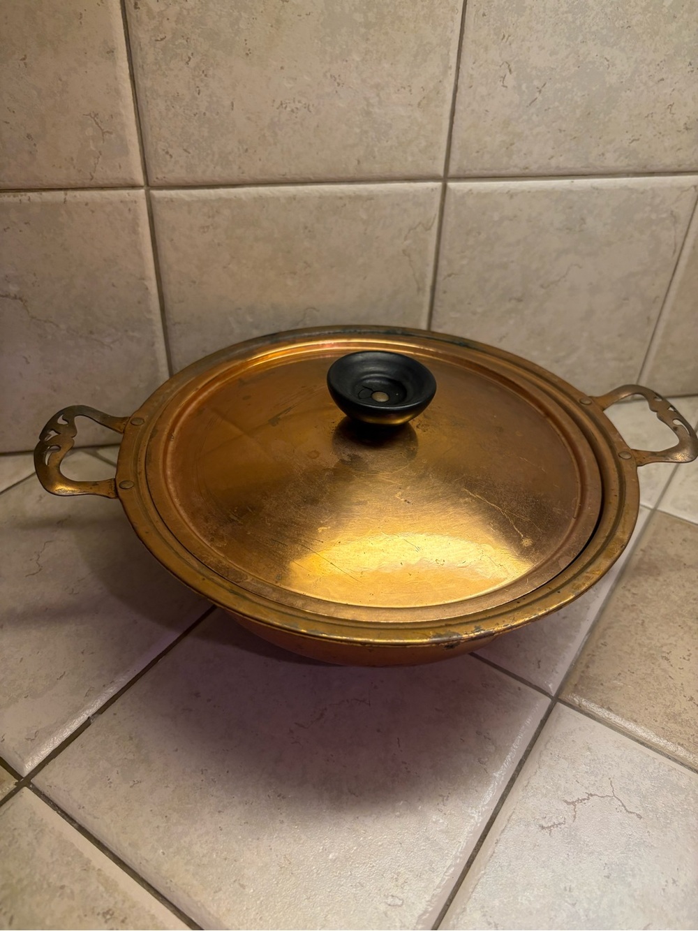 Vintage Copper-Tone Covered Serving Pan with Handles
